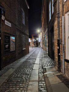 Cobbled streets of York at night